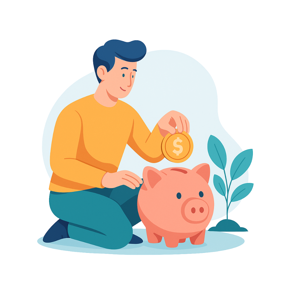 Ilustración de una persona ahorrando dinero en una alcancía